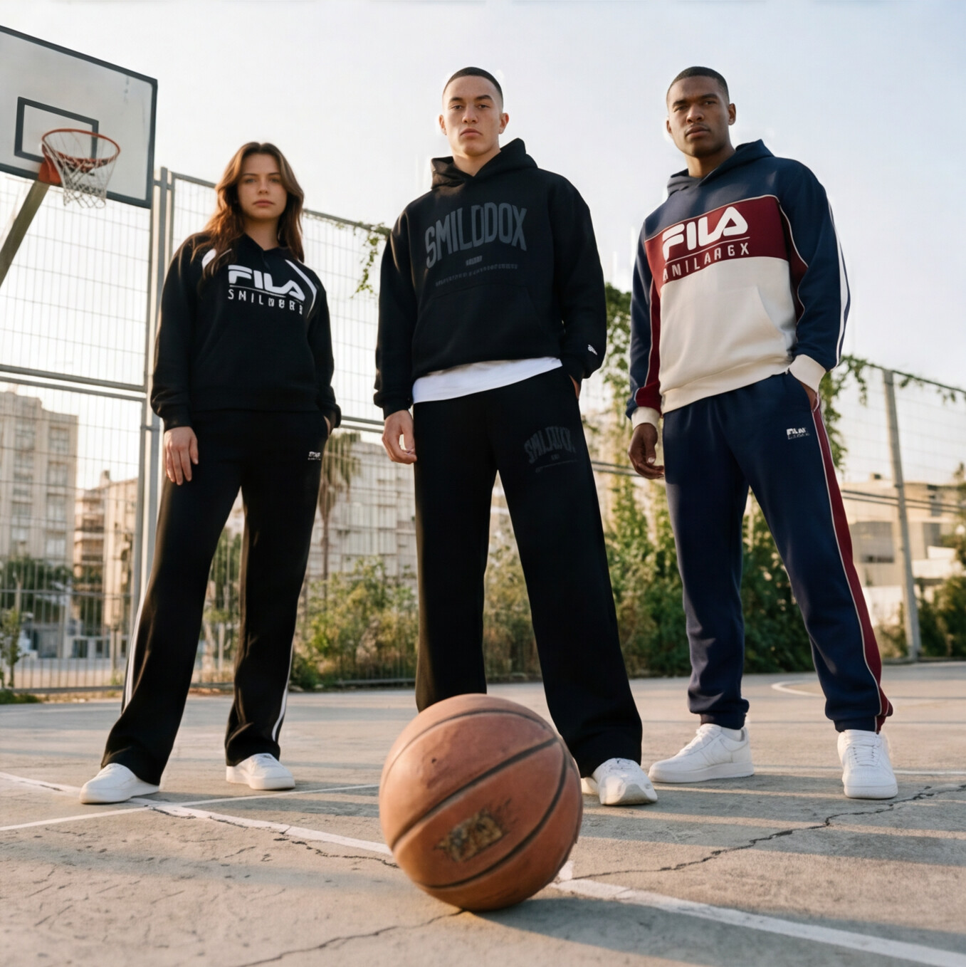 Three models in FILA hoodies and track pants on a basketball court — AI-generated streetwear campaign