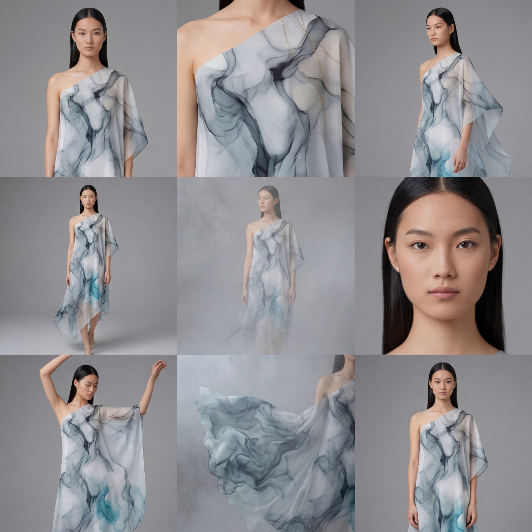 Model in a flowing one-shoulder silk dress with abstract marbled ink print